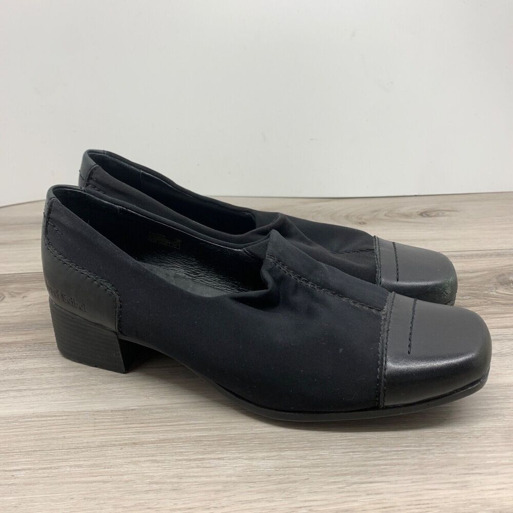 Josef Seibel Black Leather Cap Toe Fabric Heel Loafers Shoes Women Sz 38 /‎ 8 M